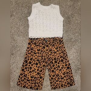Cat & Jack Cream Knit Tank with Wide Leg Leopard Jeans